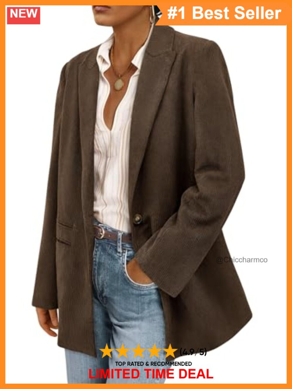 Corduroy Blazer Jacket Button Front Pockets Business Casual